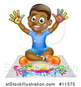 Vector Illustration of a Cartoon Happy Black Boy Kneeling and Painting Artwork with His Hands by AtStockIllustration