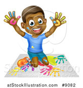 Vector Illustration of a Cartoon Happy Black Boy Kneeling and Painting Artwork with His Hands by AtStockIllustration