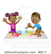 Vector Illustration of a Cartoon Happy Black Girl and Boy Kneeling and Painting Artwork by AtStockIllustration