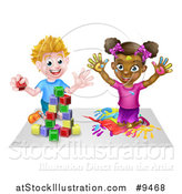 Vector Illustration of a Cartoon Happy Black Girl Kneeling and Painting Artwork and White Boy Playing with Toy Blocks by AtStockIllustration