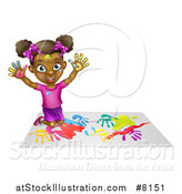 Vector Illustration of a Cartoon Happy Black Girl Making Hand Prints with Paint, Kneeling and Holding up Her Hands by AtStockIllustration