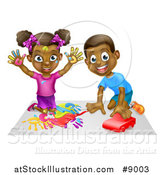 Vector Illustration of a Cartoon Happy Black Girl Painting with Her Hands and Boy Playing with a Toy Car by AtStockIllustration