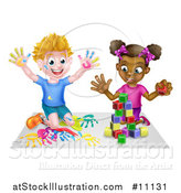 Vector Illustration of a Cartoon Happy Black Girl Playing with Toy Blocks and White Boy Finger Painting by AtStockIllustration