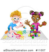 Vector Illustration of a Cartoon Happy Black Girl Playing with Toy Blocks and White Boy Painting by AtStockIllustration