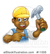 Vector Illustration of a Cartoon Happy Black Male Carpenter Holding a Hammer and Pointing by AtStockIllustration