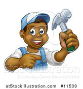 Vector Illustration of a Cartoon Happy Black Male Carpenter Holding a Hammer and Pointing by AtStockIllustration