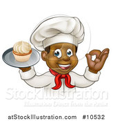 Vector Illustration of a Cartoon Happy Black Male Chef Baker Gesturing Ok and Holding a Cupcake on a Tray by AtStockIllustration