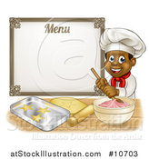 Vector Illustration of a Cartoon Happy Black Male Chef Baker Mixing Frosting and Making Cookies Under a Menu by AtStockIllustration