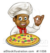 Vector Illustration of a Cartoon Happy Black Male Chef Gesturing Ok and Holding a Pizza by AtStockIllustration