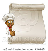 Vector Illustration of a Cartoon Happy Black Male Chef Giving a Thumb up Around a Blank Scroll Menu by AtStockIllustration