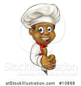 Vector Illustration of a Cartoon Happy Black Male Chef Giving a Thumb up Around a Sign by AtStockIllustration