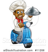 Vector Illustration of a Cartoon Happy Black Male Chef Holding a Cloche Platter and Riding a Scooter by AtStockIllustration