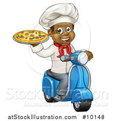 Vector Illustration of a Cartoon Happy Black Male Chef Holding a Pizza and Riding a Scooter by AtStockIllustration