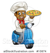 Vector Illustration of a Cartoon Happy Black Male Chef Holding a Pizza and Riding a Scooter by AtStockIllustration