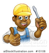 Vector Illustration of a Cartoon Happy Black Male Electrician Wearing a Hardhat, Giving a Thumb Up, and Holding a Screwdriver by AtStockIllustration