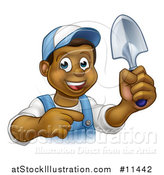 Vector Illustration of a Cartoon Happy Black Male Gardener in Blue, Holding a Garden Trowel and Pointing by AtStockIllustration