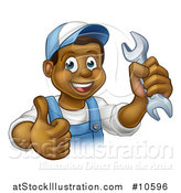 Vector Illustration of a Cartoon Happy Black Male Mechanic Holding up a Wrench and Giving a Thumb up by AtStockIllustration