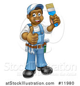 Vector Illustration of a Cartoon Happy Black Male Painter Holding up a Brush and Giving a Thumb up by AtStockIllustration