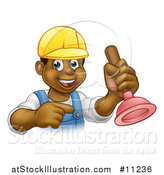 Vector Illustration of a Cartoon Happy Black Male Plumber Holding a Plunger and Pointing by AtStockIllustration