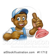 Vector Illustration of a Cartoon Happy Black Male Plumber Holding a Plunger and Pointing by AtStockIllustration