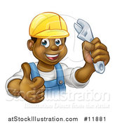 Vector Illustration of a Cartoon Happy Black Male Plumber Holding an Adjustable Wrench and Giving a Thumb up by AtStockIllustration