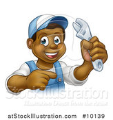 Vector Illustration of a Cartoon Happy Black Male Plumber Holding an Adjustable Wrench and Pointing by AtStockIllustration