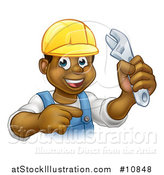 Vector Illustration of a Cartoon Happy Black Male Plumber Holding an Adjustable Wrench and Pointing by AtStockIllustration