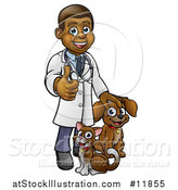 Vector Illustration of a Cartoon Happy Black Male Veterinarian Giving a Thumb up and Standing with a Dog and Cat by AtStockIllustration