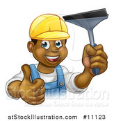 Vector Illustration of a Cartoon Happy Black Male Window Cleaner in a Hardhat, Giving a Thumb up and Holding a Squeegee by AtStockIllustration
