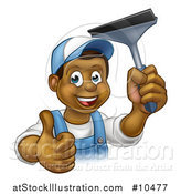 Vector Illustration of a Cartoon Happy Black Male Window Cleaner in Blue, Giving a Thumb up and Holding a Squeegee by AtStockIllustration