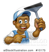 Vector Illustration of a Cartoon Happy Black Male Window Cleaner in Blue, Pointing and Holding a Squeegee by AtStockIllustration