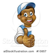 Vector Illustration of a Cartoon Happy Black Male Worker Giving a Thumb up Around a Sign by AtStockIllustration