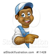 Vector Illustration of a Cartoon Happy Black Male Worker Pointing Around a Sign by AtStockIllustration