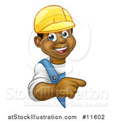 Vector Illustration of a Cartoon Happy Black Male Worker Wearing a Hardhat and Pointing Around a Sign by AtStockIllustration