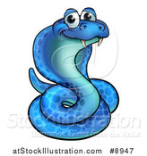 Vector Illustration of a Cartoon Happy Blue Coiled Cobra Snake by AtStockIllustration
