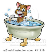 Vector Illustration of a Cartoon Happy Brown Cat Sitting in a Bath Tub by AtStockIllustration
