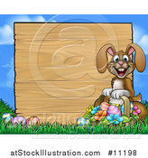 Vector Illustration of a Cartoon Happy Brown Easter Bunny Rabbit Holding a Basket in Front a Wood Sign Against Sky by AtStockIllustration