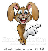 Vector Illustration of a Cartoon Happy Brown Easter Bunny Rabbit Pointing Around a Sign by AtStockIllustration