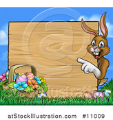 Vector Illustration of a Cartoon Happy Brown Easter Bunny Rabbit Pointing Around a Wood Sign, with a Basket and Eggs in Grass by AtStockIllustration