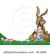 Vector Illustration of a Cartoon Happy Brown Easter Bunny Rabbit with a Basket and Eggs by AtStockIllustration