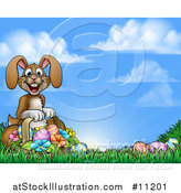 Vector Illustration of a Cartoon Happy Brown Easter Bunny Rabbit with a Basket and Eggs in Grass Against Sky by AtStockIllustration