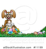 Vector Illustration of a Cartoon Happy Brown Easter Bunny Rabbit with a Basket and Eggs in Grass by AtStockIllustration