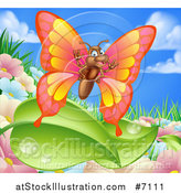 Vector Illustration of a Cartoon Happy Butterfly over Summer Flowers, Leaves and Sky by AtStockIllustration