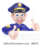 Vector Illustration of a Cartoon Happy Caucasian Male Police Officer Giving Twp Thumbs up over a Sign by AtStockIllustration