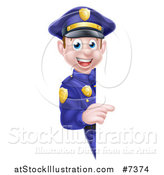 Vector Illustration of a Cartoon Happy Caucasian Male Police Officer Pointing Around a Sign by AtStockIllustration