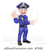 Vector Illustration of a Cartoon Happy Caucasian Male Police Officer Waving and Pointing by AtStockIllustration