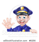 Vector Illustration of a Cartoon Happy Caucasian Male Police Officer Waving over a Sign by AtStockIllustration