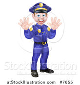 Vector Illustration of a Cartoon Happy Caucasian Male Police Officer Waving with Both Hands by AtStockIllustration