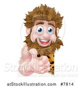 Vector Illustration of a Cartoon Happy Caveman Giving a Thumb up Around a Sign by AtStockIllustration