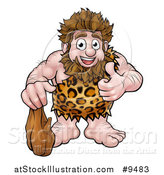 Vector Illustration of a Cartoon Happy Caveman Holding a Club and Giving a Thumb up by AtStockIllustration